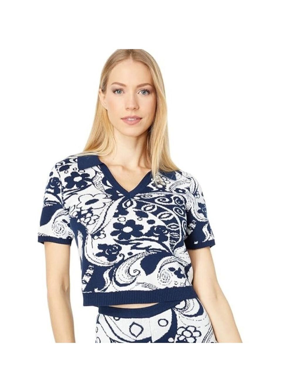 ** NEW WAYF 98 Navy Swirl Print Cotton Knit Cropped Polo Top Size S